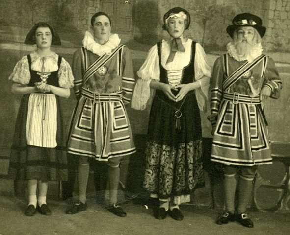 James Sutcliffe as 'Kate' in the Glee Club Production of Yeoman of the Guard, 1942. <br/> (Others - David Drury as 'Fairfax'; Don Macnillan as 'Dame Carruthers' and John Salmon as 'Sgt Meryll'.)